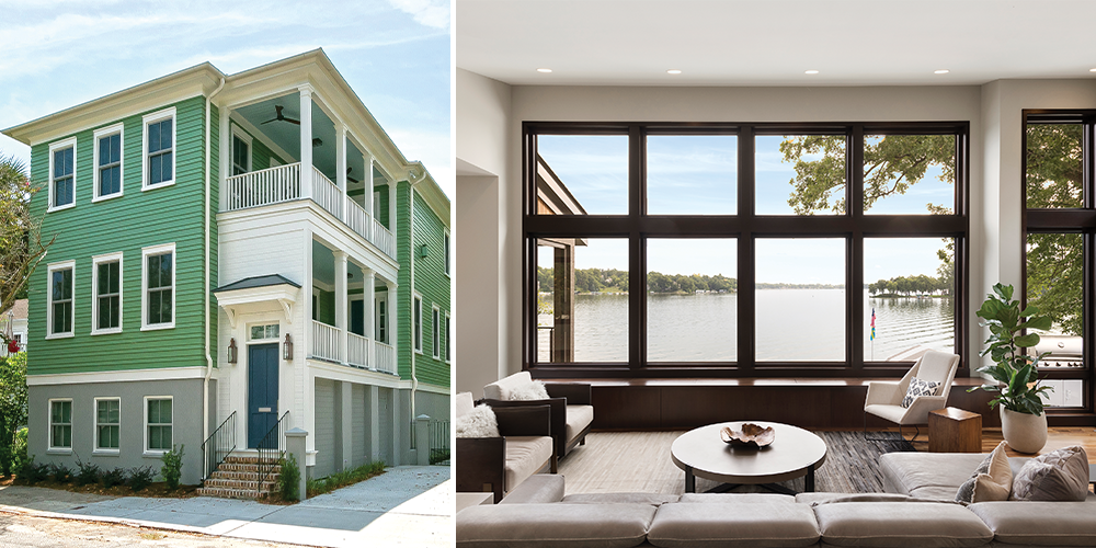on the left: white large double hung windows on the right: black direct set and geometric windows